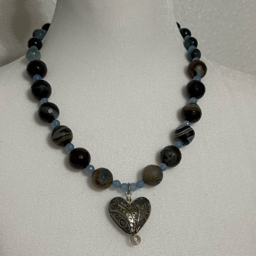 Elegant Blue Banded Agate and Blue Quartz Beaded Heart Pendant Necklace